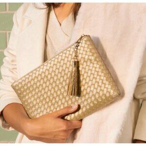 Virginia Wolf NWT Mimi Curateur Golden Woven Clutch Bag Tassel Faux Leather Gold